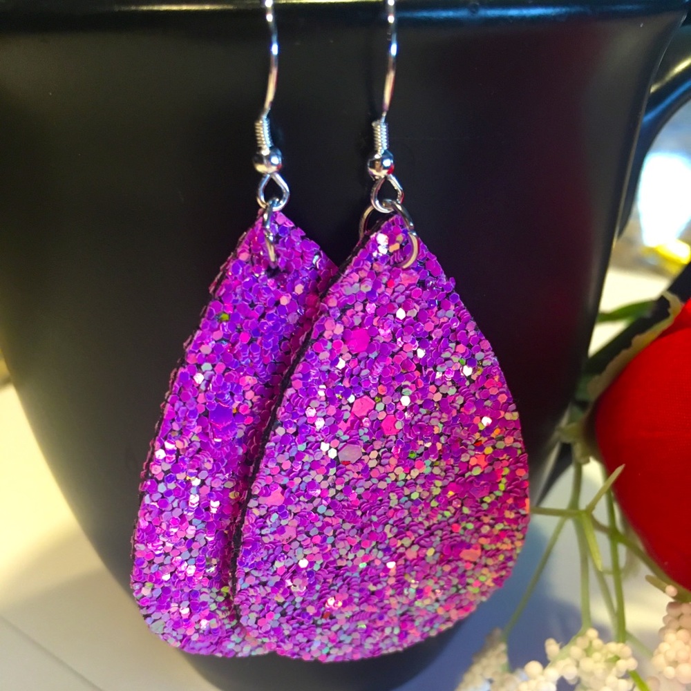 Leather Purple Glitter Earrings NWOT